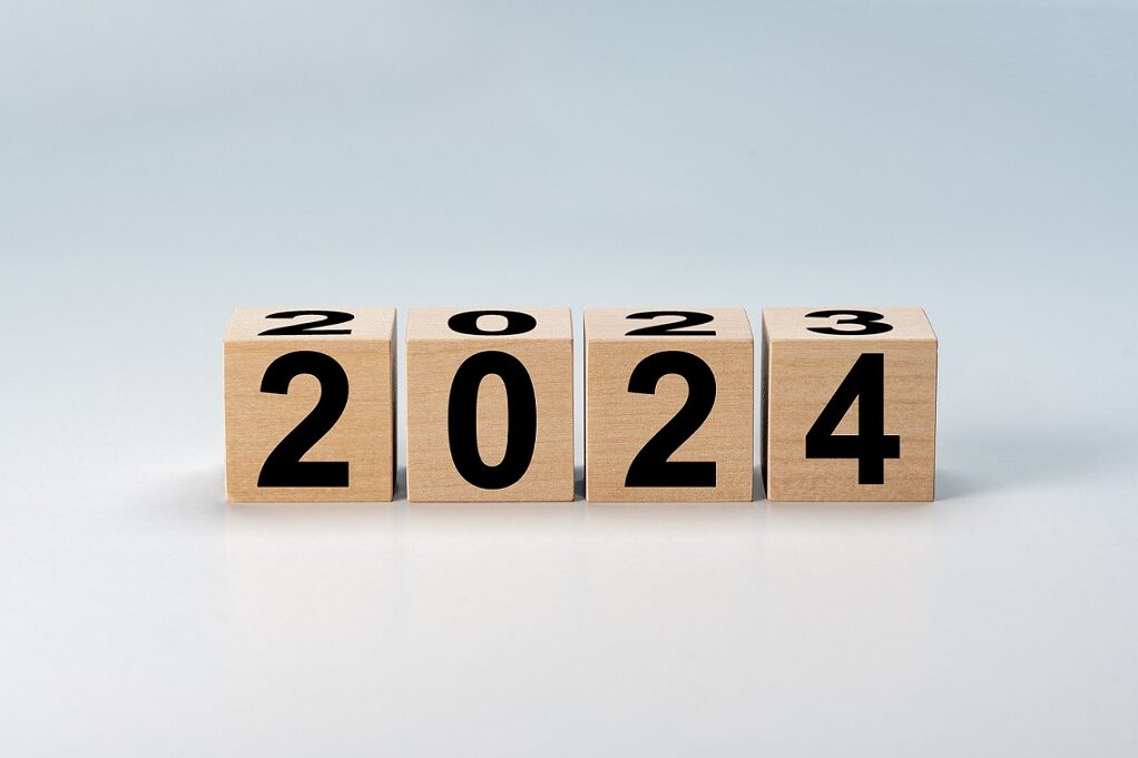 2024-muraev Wooden cubes witht the numbers "2024" illustrate blog " Key Business trends for 2024"