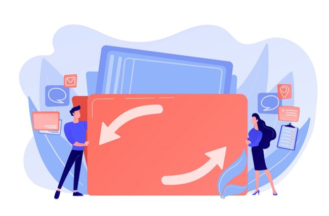 Drawing of man and woman with arrows pointing at each other illustrates blog "How to Delegate Like a Pro"