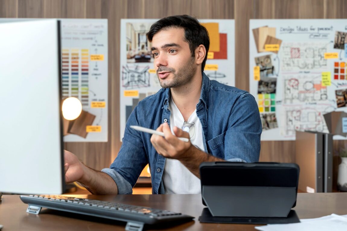 Man in front of computer holding stylus pen illustrates blog "What Is a Brand Story? Do You Need One?"