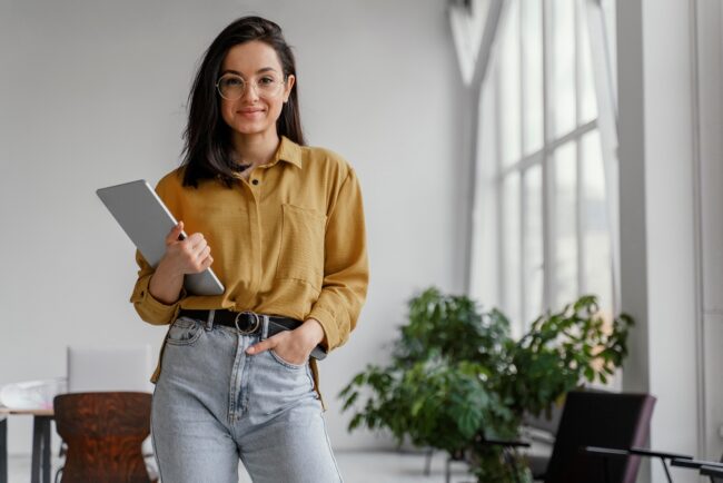 Entrepreneur-FP Woman holding tablet illustrates blog "7 Essential Skills for Entrepreneurs"