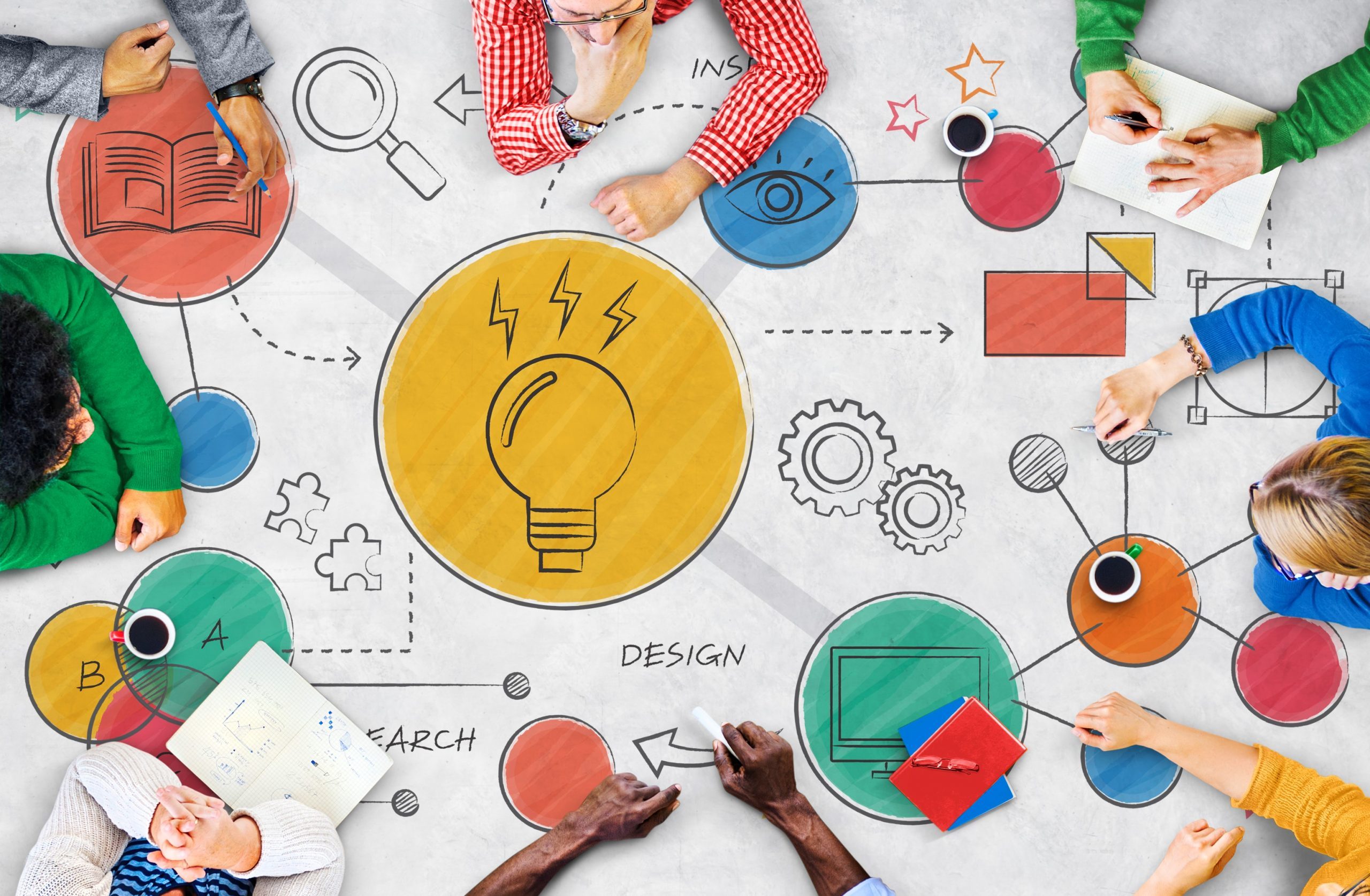 Photo of people sitting at a table with a light bulb drawn on it illustrates blog: "How Small Businesses Can Foster Innovation"