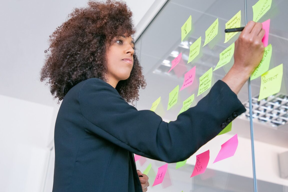 Woman writing on sticky notes on glass wall illustrates blog "Do You Want to Be More Productive? Try Mindfulness"